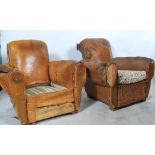 A pair of 1920's rustic French Art Deco leather club / easy / lounge armchairs. The vintage chairs