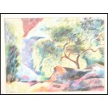 An original 20th Century chalk pastel drawing by Bob Gau of a landscape featuring a sweeping tree