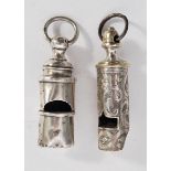 Two silver hallmarked / silver plated whistles the plated one having engraved Rococo swirls and