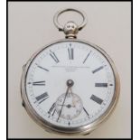 A 19th century Victorian silver hallmarked pocket watch having a fusee movement. The white enamel