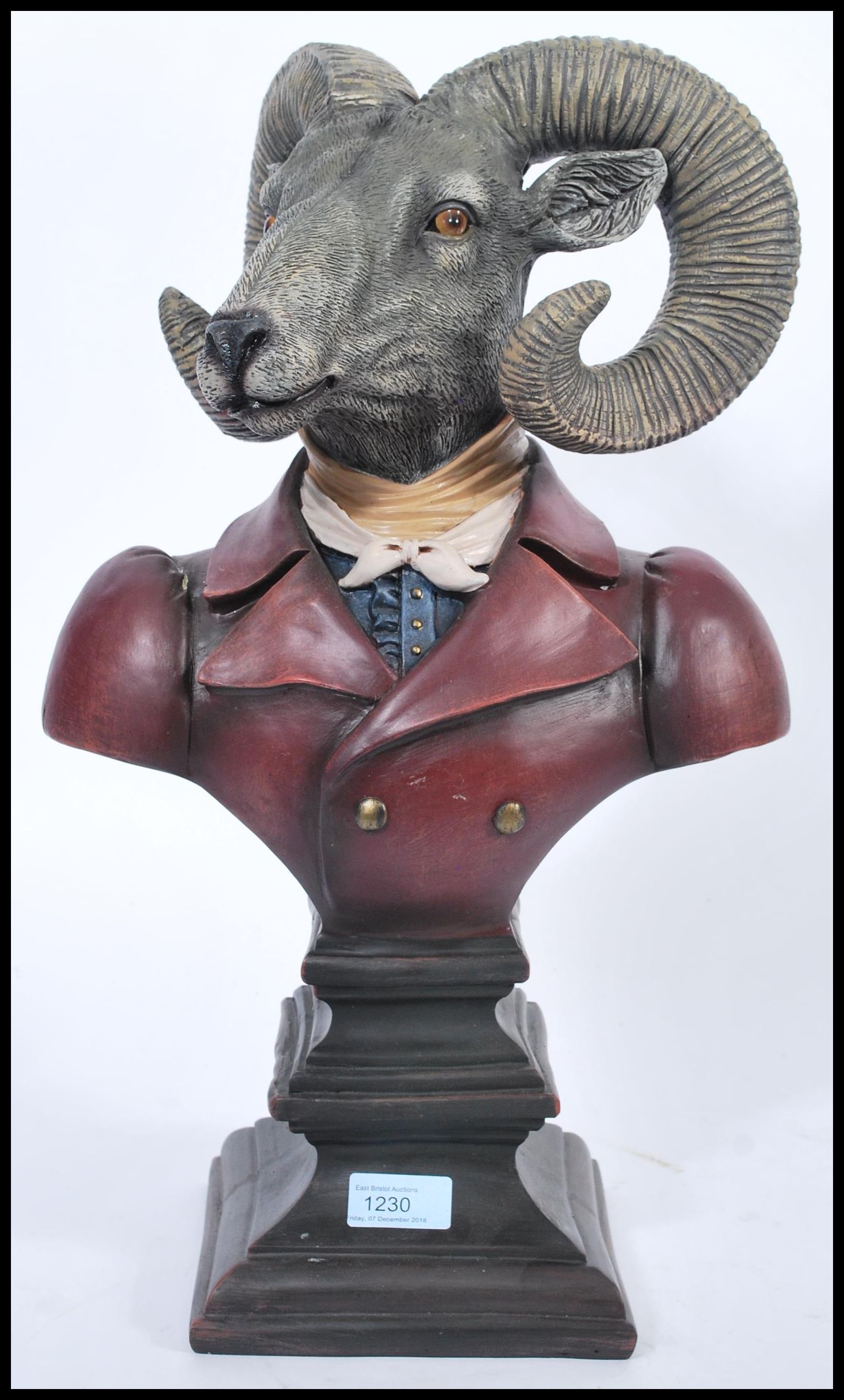 A vintage Victorian style ram bust depicting a detailed rams head in traditional Victorian gents