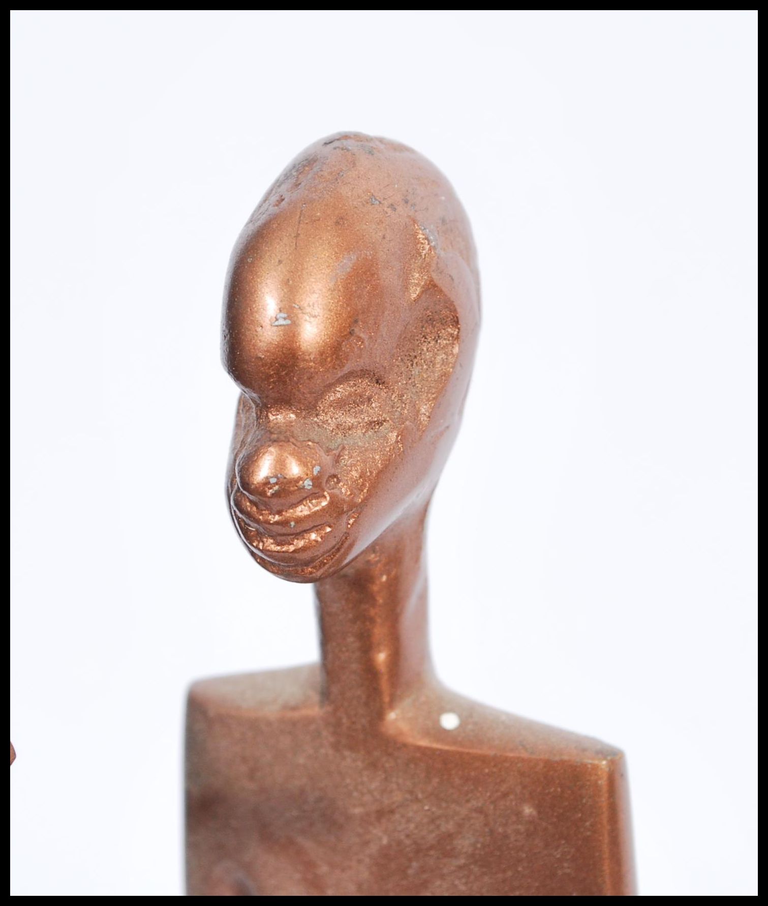 A group of three vintage 20th century bronze African figures / statues to include a candlestick - Image 2 of 7