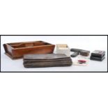 A dealers lot to include a mahogany cutlery tray together with a cut throat razor, pair of yellow