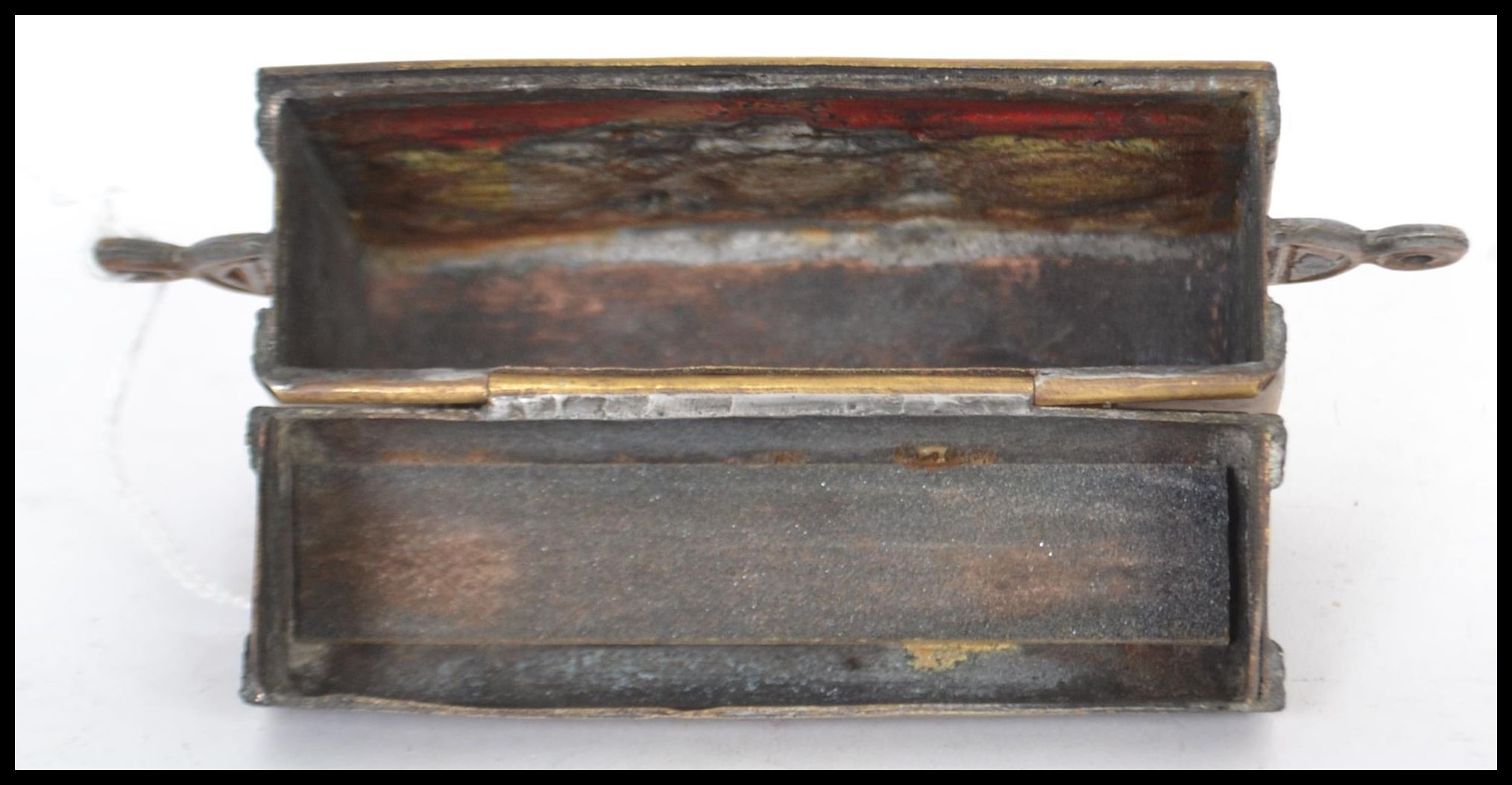 A 19th century Moroccan brass Quran container box. Originally being fastened to a belt with bone - Image 6 of 6