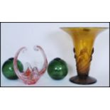 A small collection of retro 20th Century studio glass to include a tall flared vase set on a