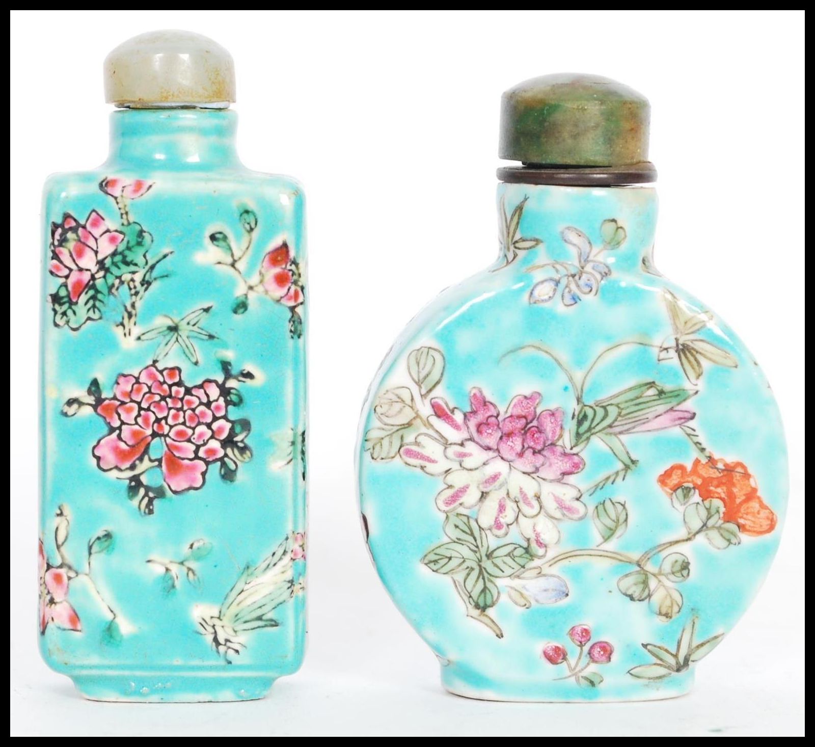 A near pair of 19th century Chinese turquoise snuff / perfume bottles one of moon flask shape and