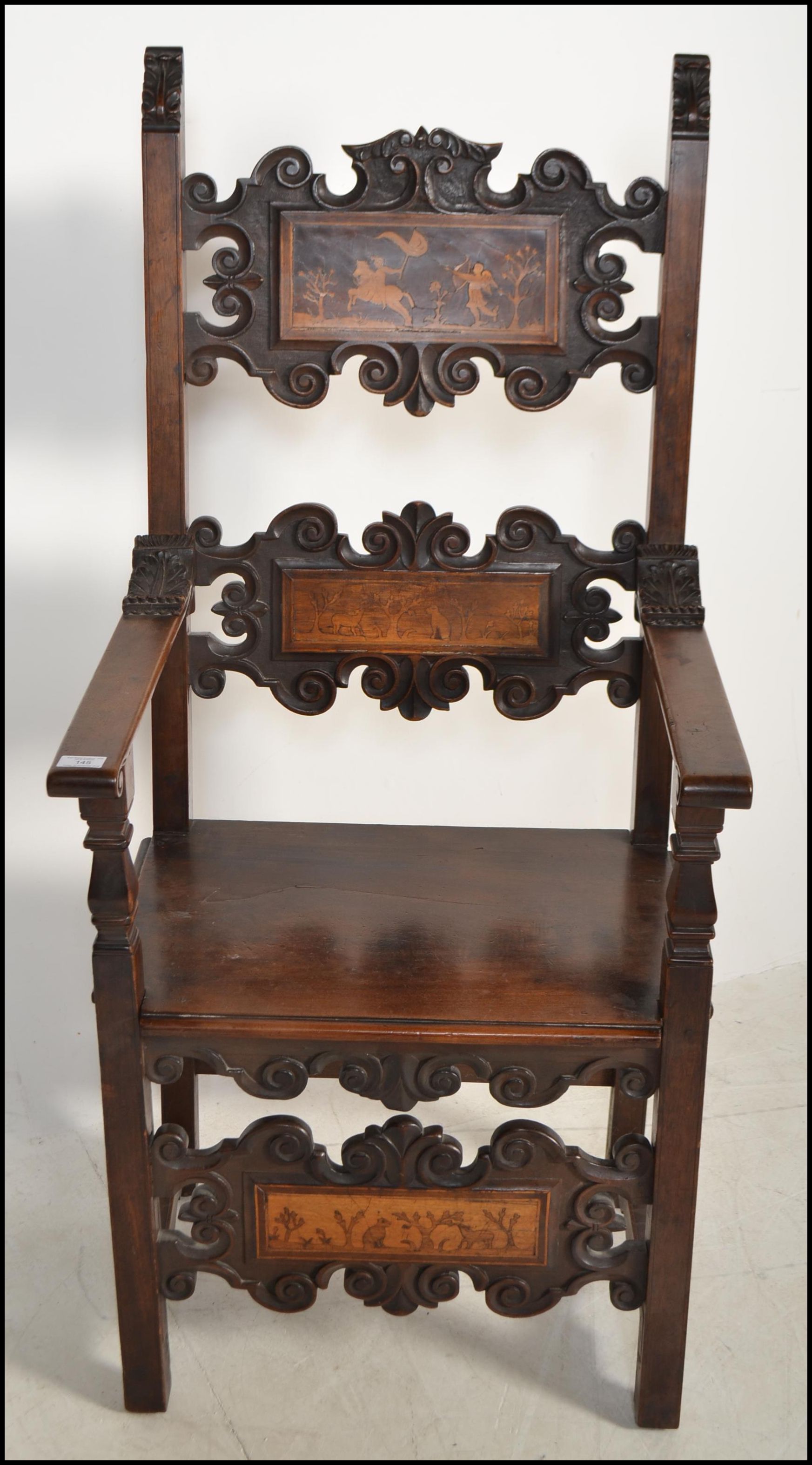 A circa 17th century Italian walnut and marquetry inlaid armchair. The chair being raised on block - Image 3 of 10