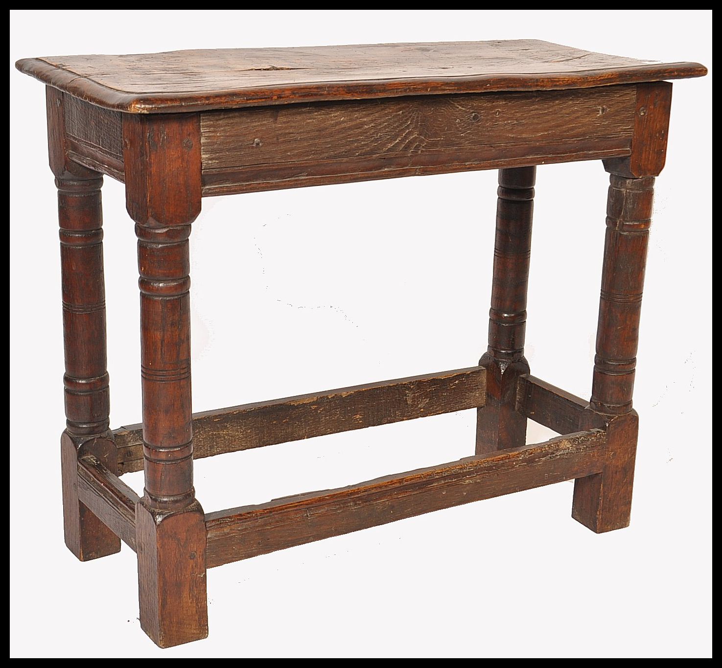 A 17th / 18th century country elm and oak joint stool. Unusual larger size with planked top over