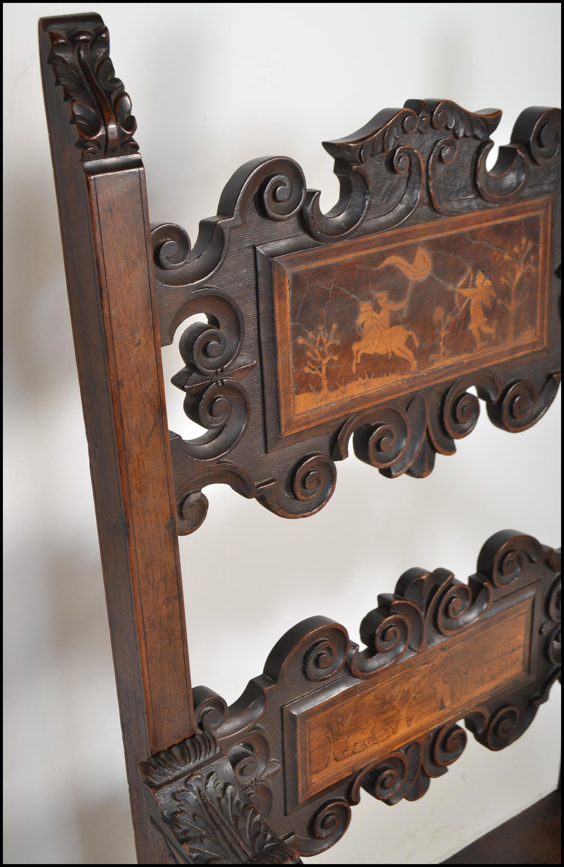 A circa 17th century Italian walnut and marquetry inlaid armchair. The chair being raised on block - Image 10 of 10