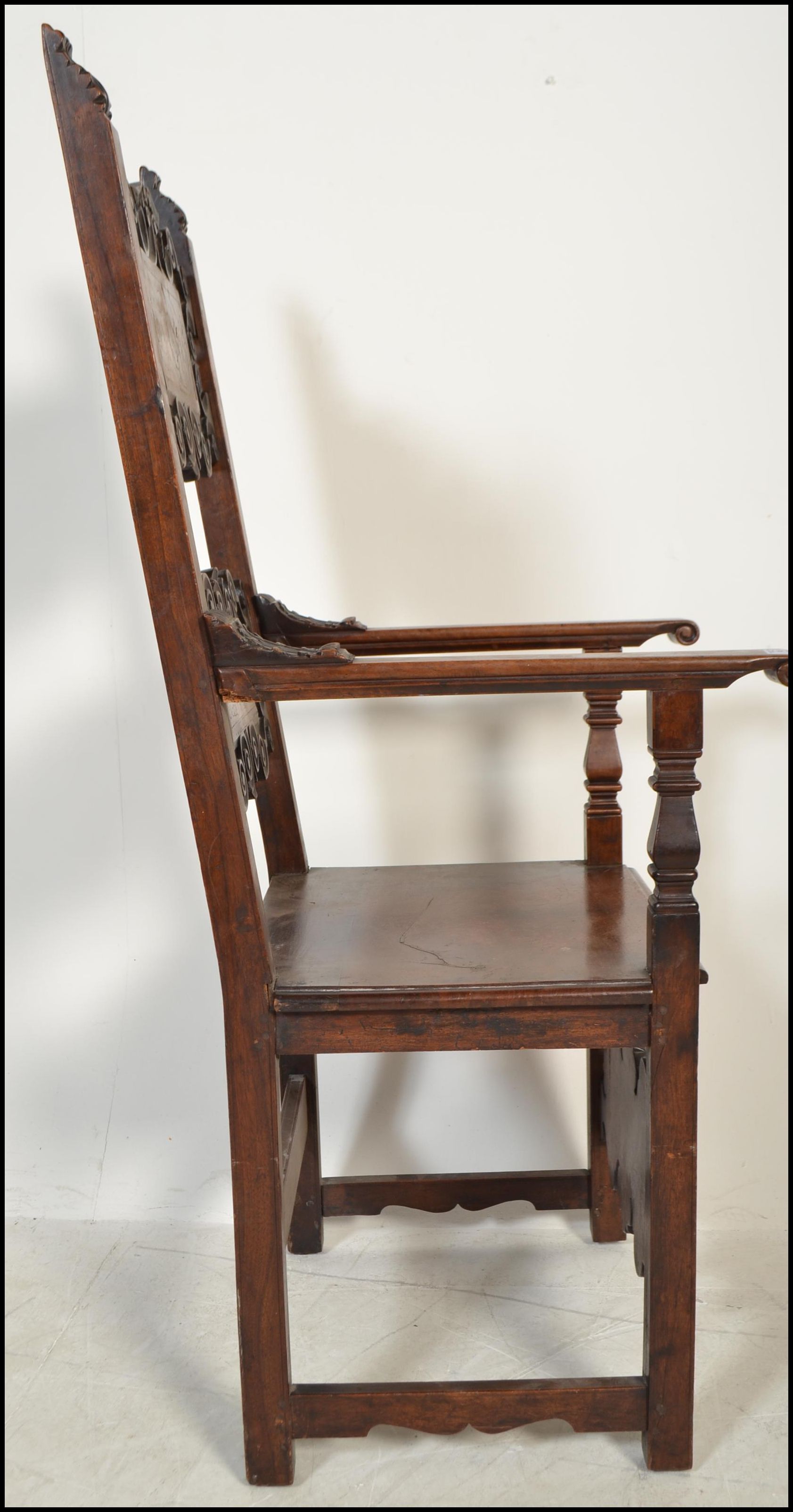 A circa 17th century Italian walnut and marquetry inlaid armchair. The chair being raised on block - Image 9 of 10