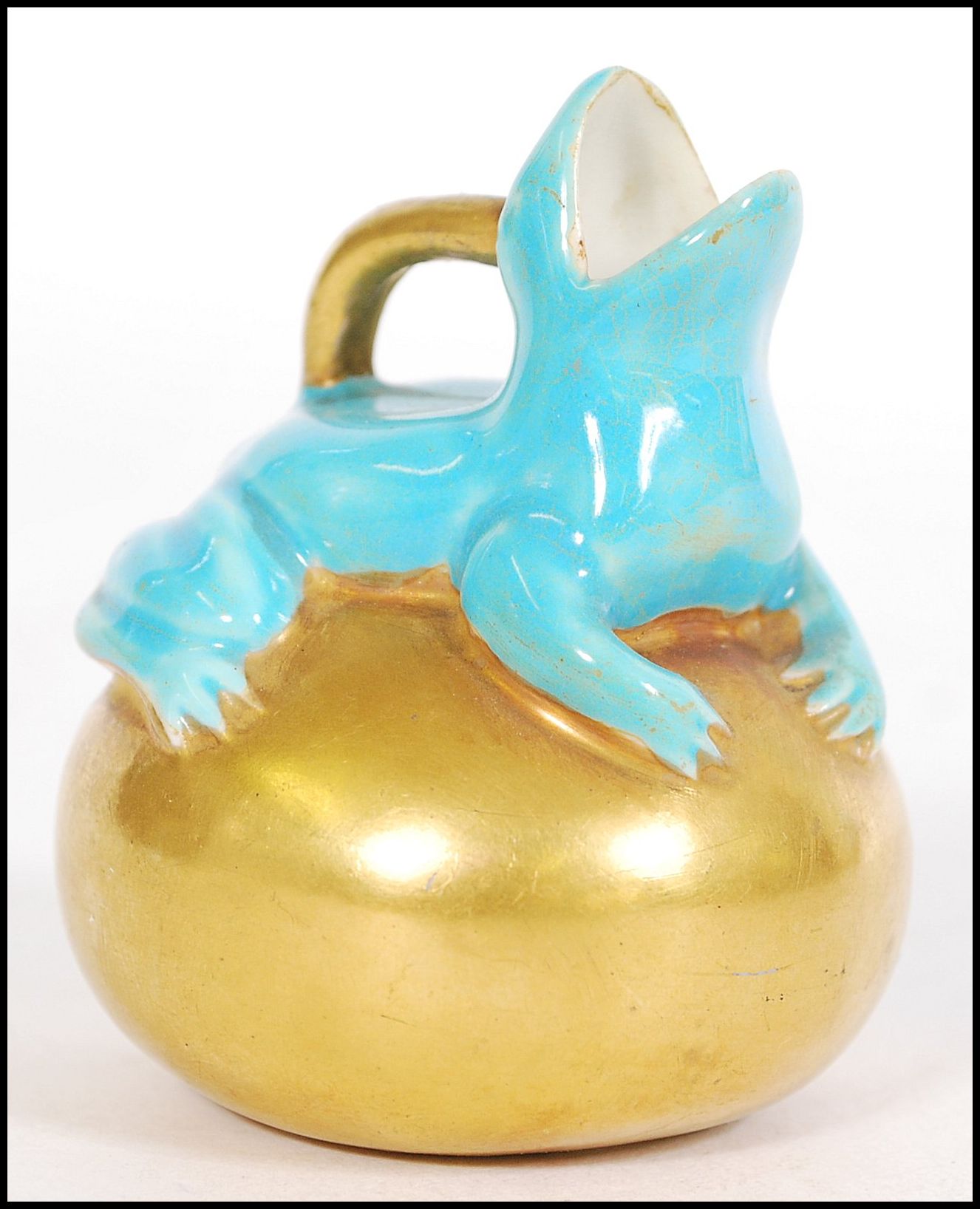 An unusual Copeland small jug or ewer, modelled with a turquoise frog sitting on a golden orb, green - Image 6 of 10