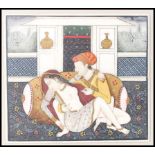 A 19th century Indian erotic carved and hand painted and gilded ivory panel of a lady and gent in