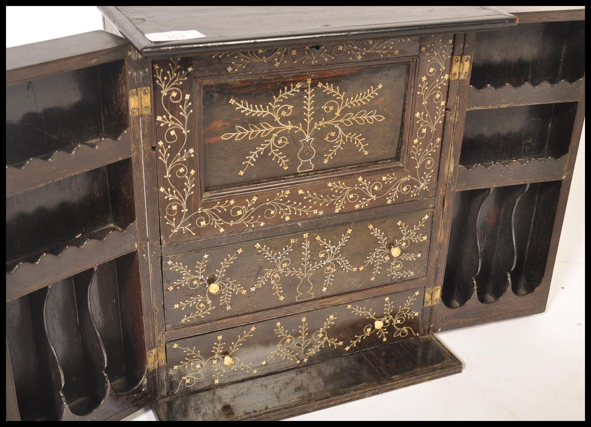 An early 19th century Anglo Indian / Colonial hardwood and ivory inlaid table top cabinet. The - Image 3 of 10