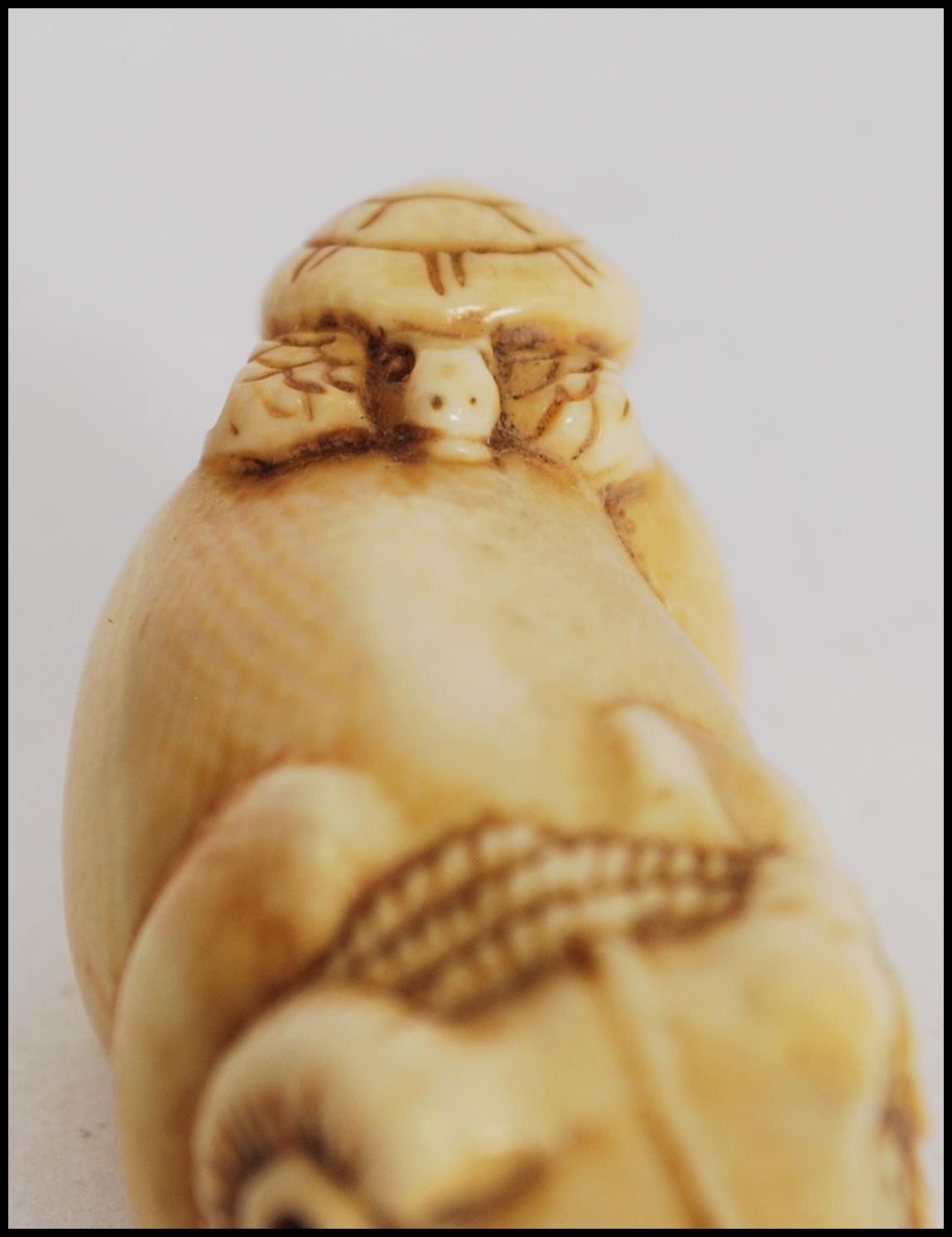 A rare and unusual 19th century Meiji period ivory Netsuke of a crouching / seated ox with - Image 5 of 6