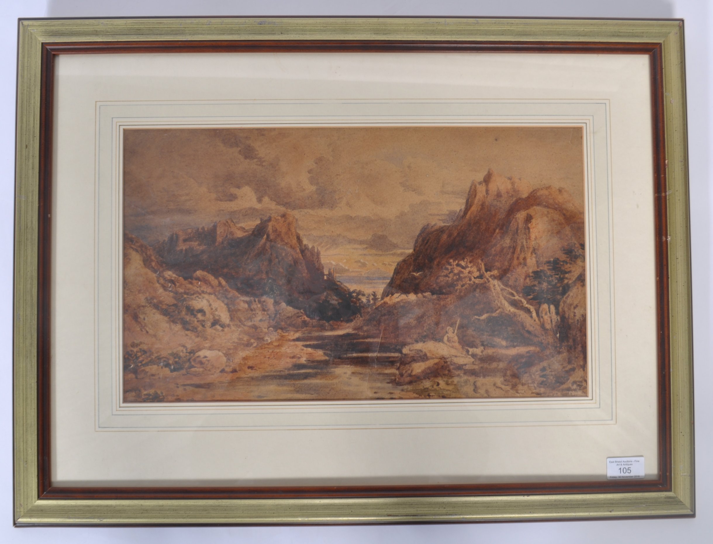 John Varley, (1778-1842) A watercolour painting of a classical mountainous river mouth coastal scene - Image 2 of 10