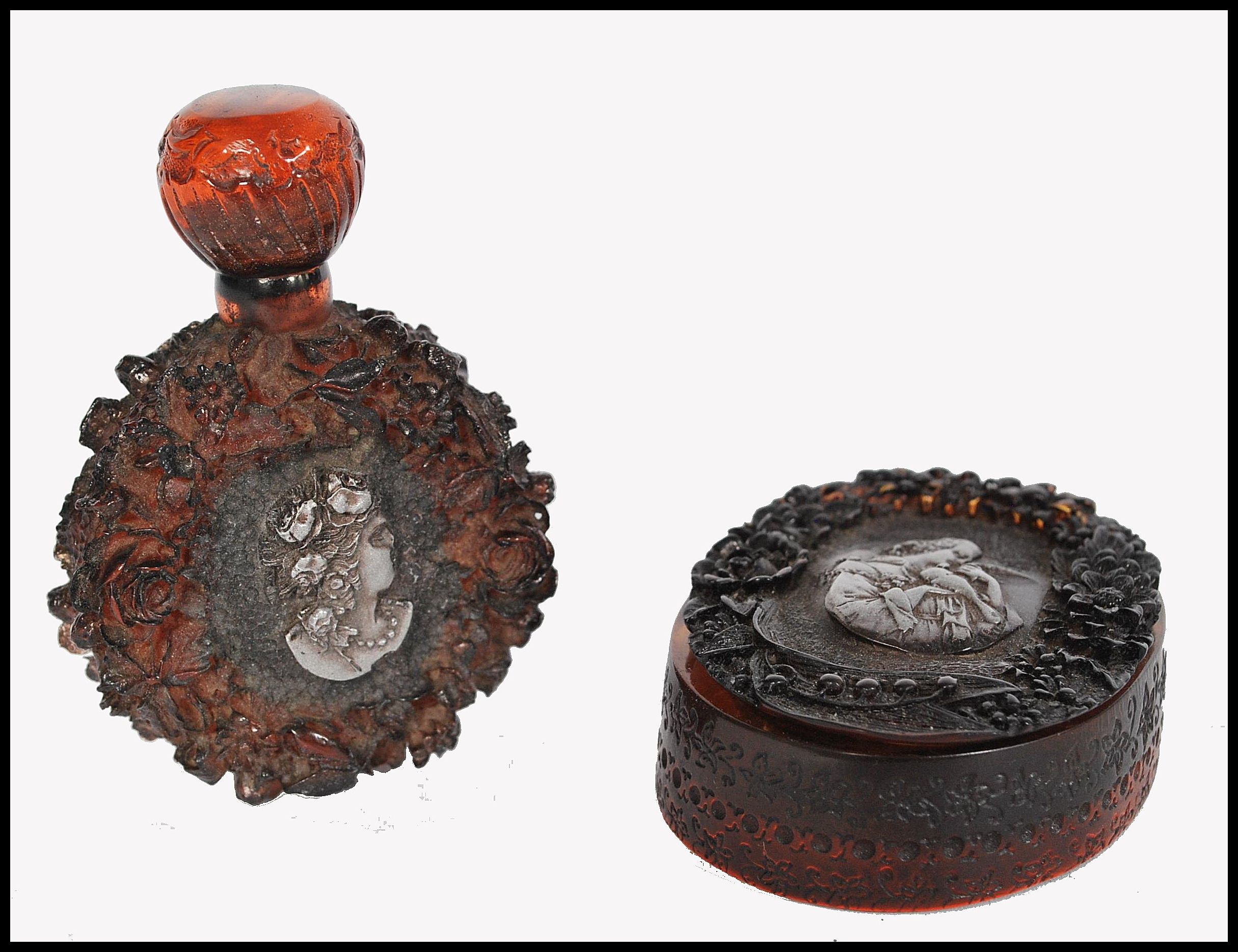 Two vintage early 20th century carved amber bakelite items consisting of a perfume bottle of moon - Image 8 of 14