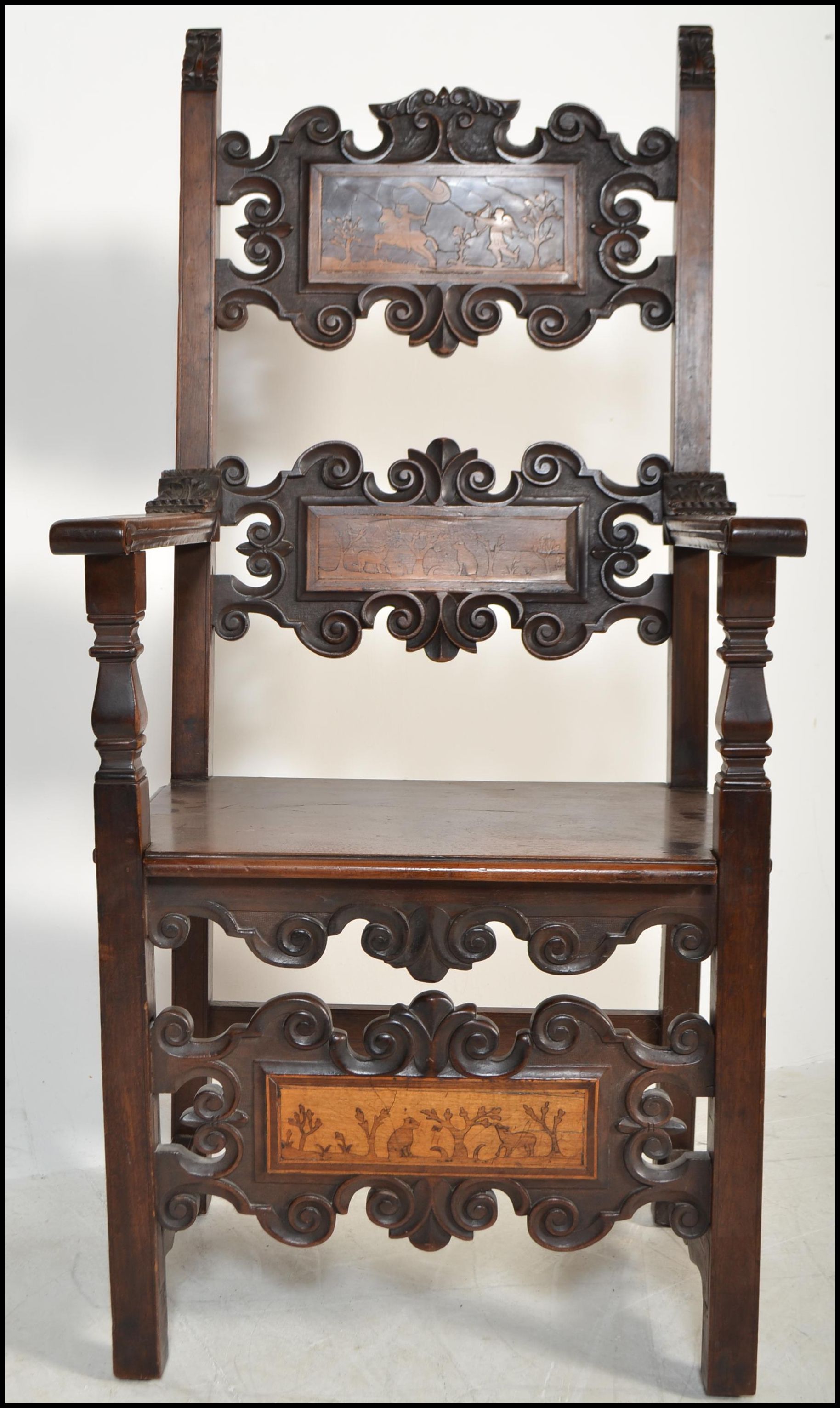 A circa 17th century Italian walnut and marquetry inlaid armchair. The chair being raised on block - Image 2 of 10