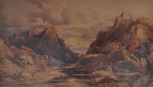 John Varley, (1778-1842) A watercolour painting of a classical mountainous river mouth coastal scene