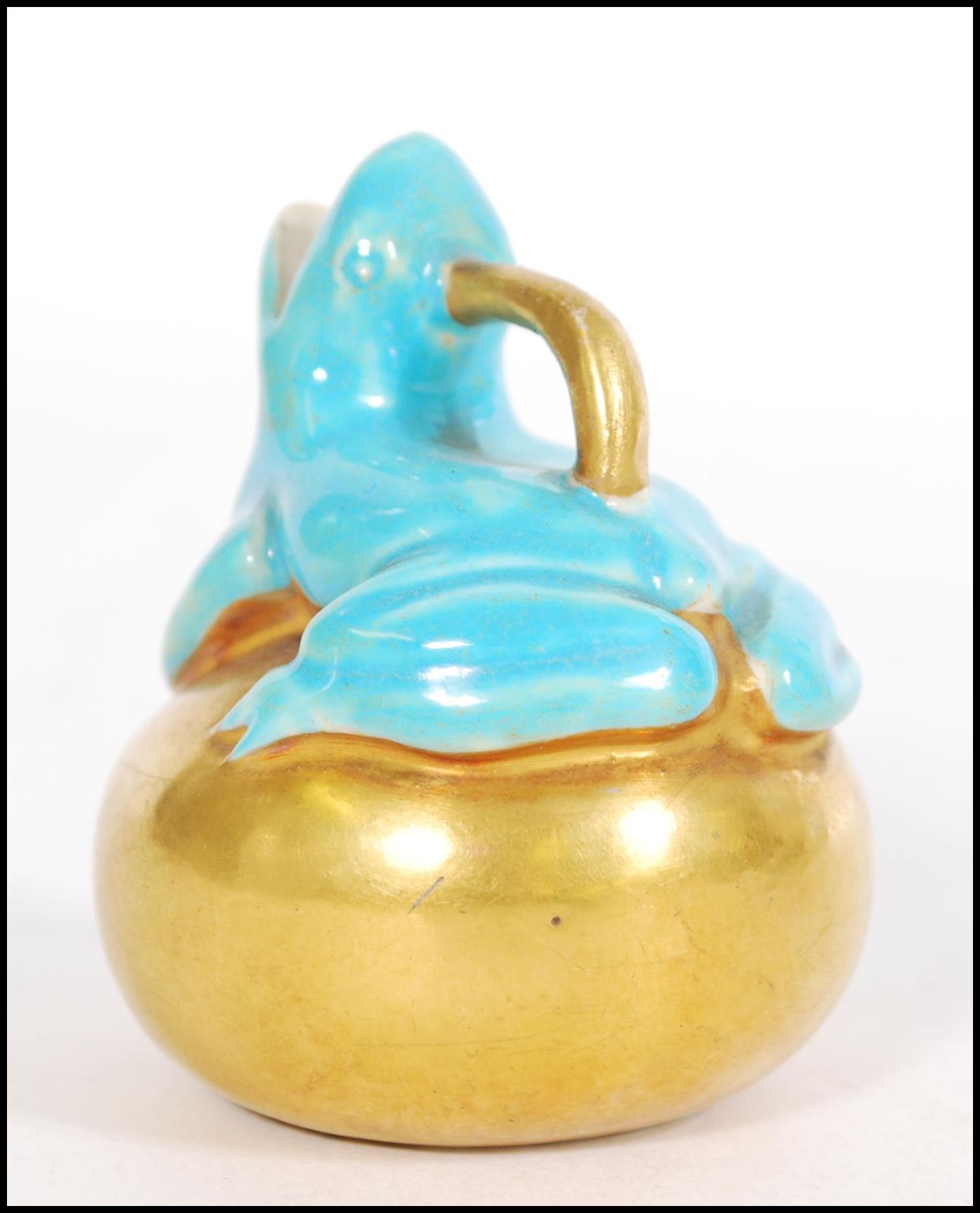 An unusual Copeland small jug or ewer, modelled with a turquoise frog sitting on a golden orb, green - Image 2 of 10