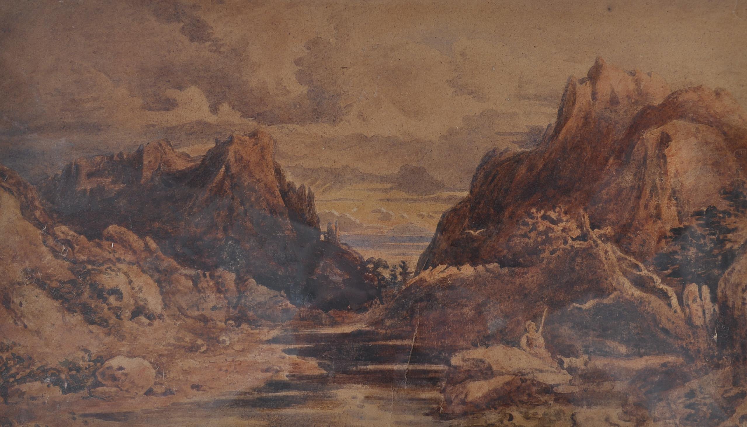 John Varley, (1778-1842) A watercolour painting of a classical mountainous river mouth coastal scene - Image 6 of 10