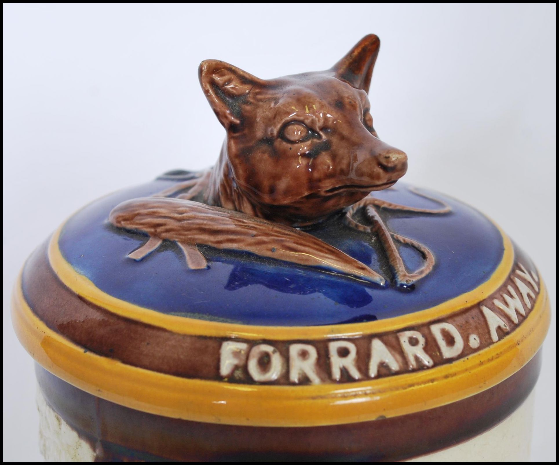 A 19th century Wedgwood majolica tobacco jar having a fox finial to the lid with inscription ' - Image 2 of 18
