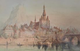 Charles Rousse (fl.1870-1890) A continental watercolour painting study of Dinant painted from the