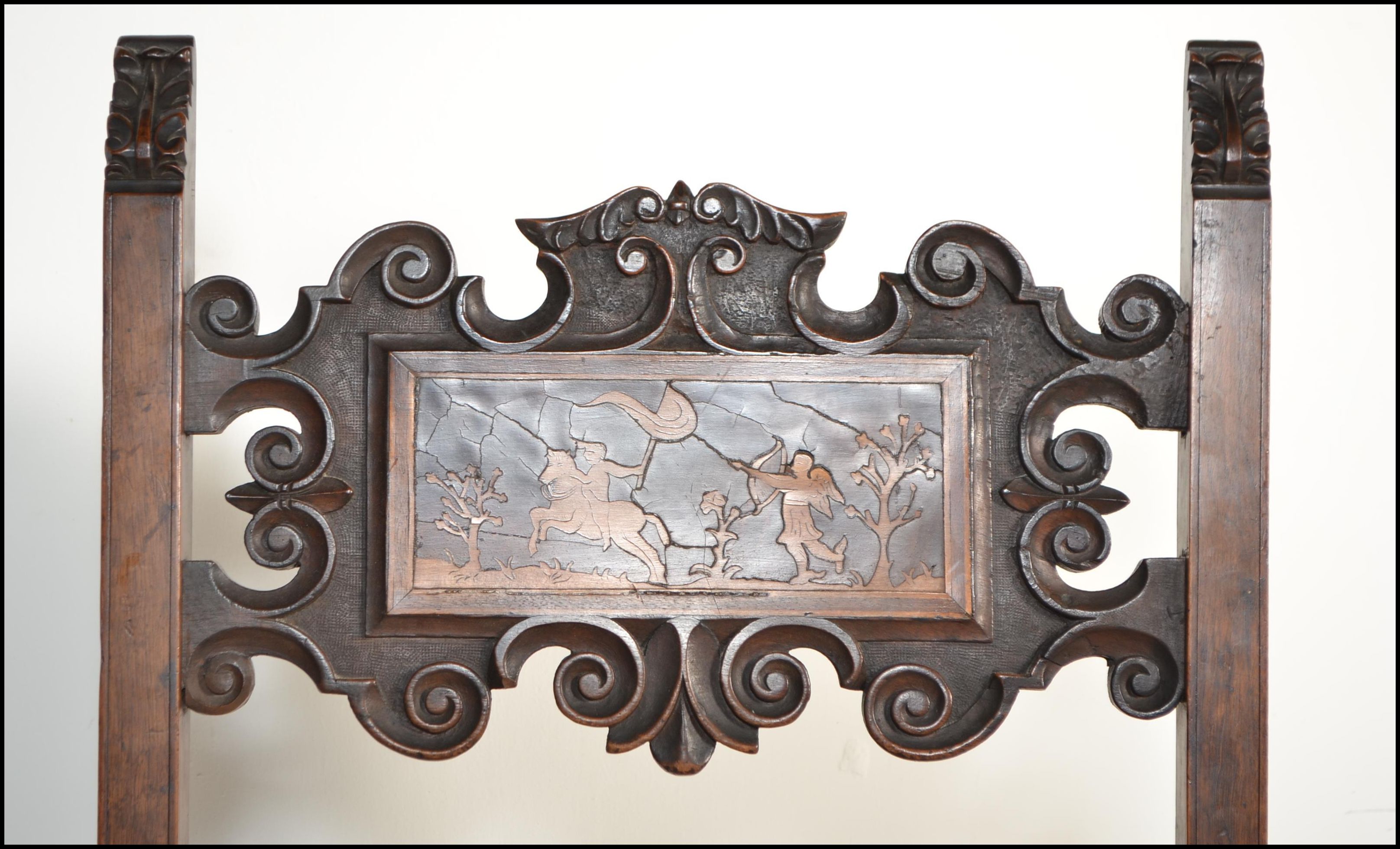 A circa 17th century Italian walnut and marquetry inlaid armchair. The chair being raised on block - Image 6 of 10