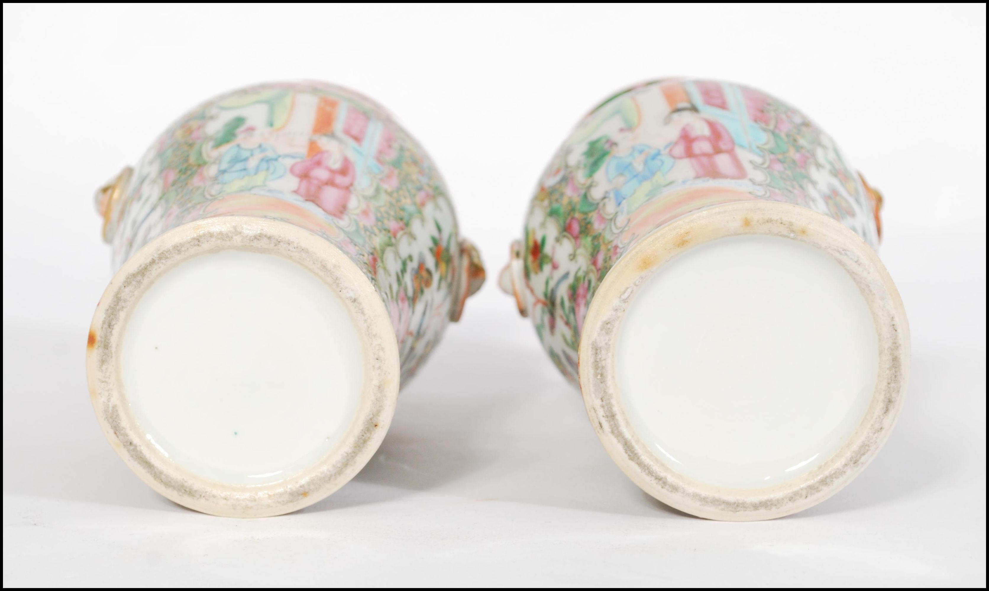 A pair of 19th century Chinese Canton vases.ÿEach of baluster formÿ with waisted necksÿ applied with - Image 5 of 5