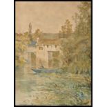 Paul Blondeau (1800-) France. A watercolour painting of 'ÿ Moulin De Dennemont ' Riverscape with