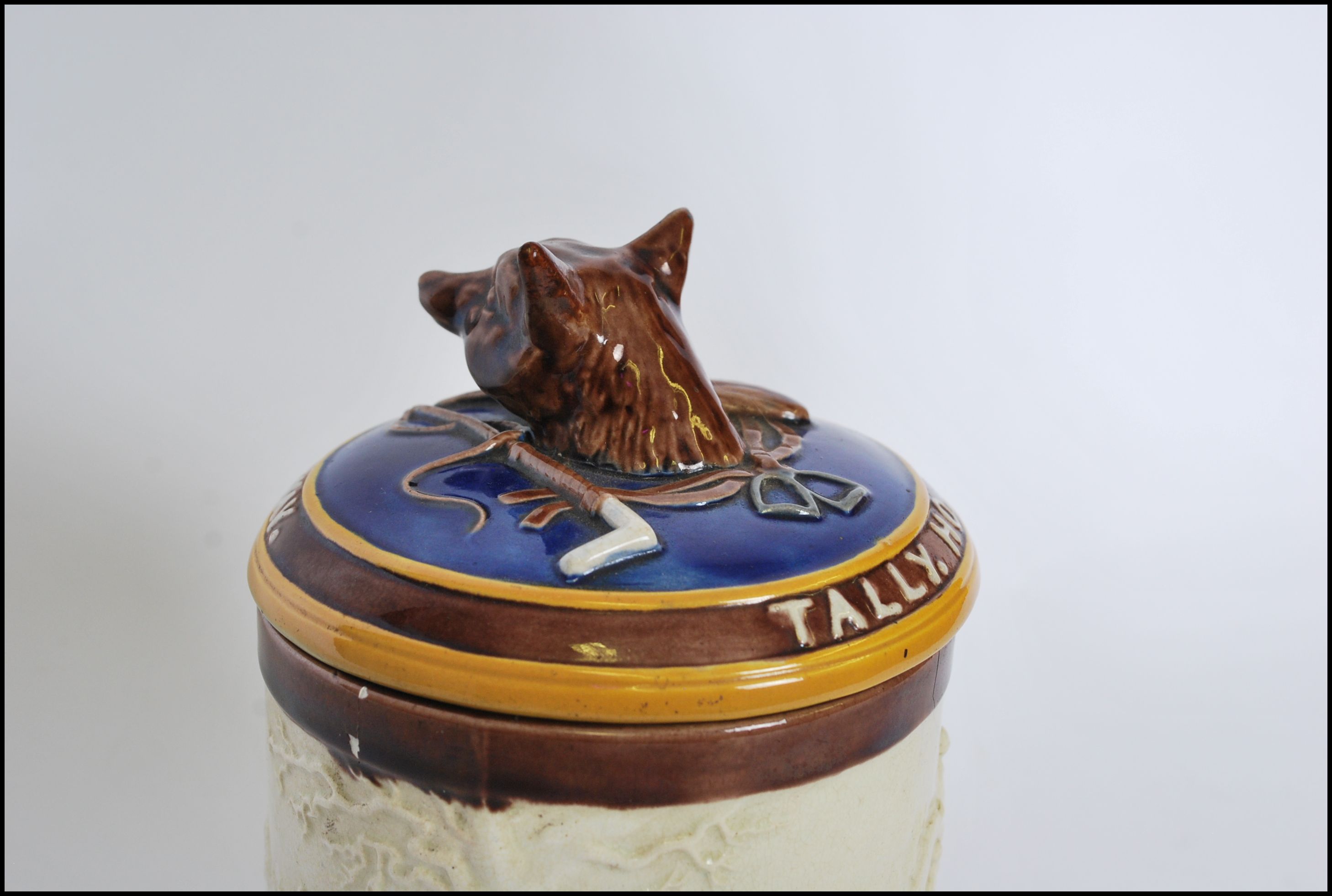 A 19th century Wedgwood majolica tobacco jar having a fox finial to the lid with inscription ' - Image 3 of 18