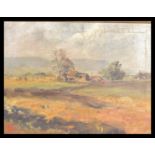 A mid 20th century oil on canvas French painting depicting a rural landscape scene with buildings