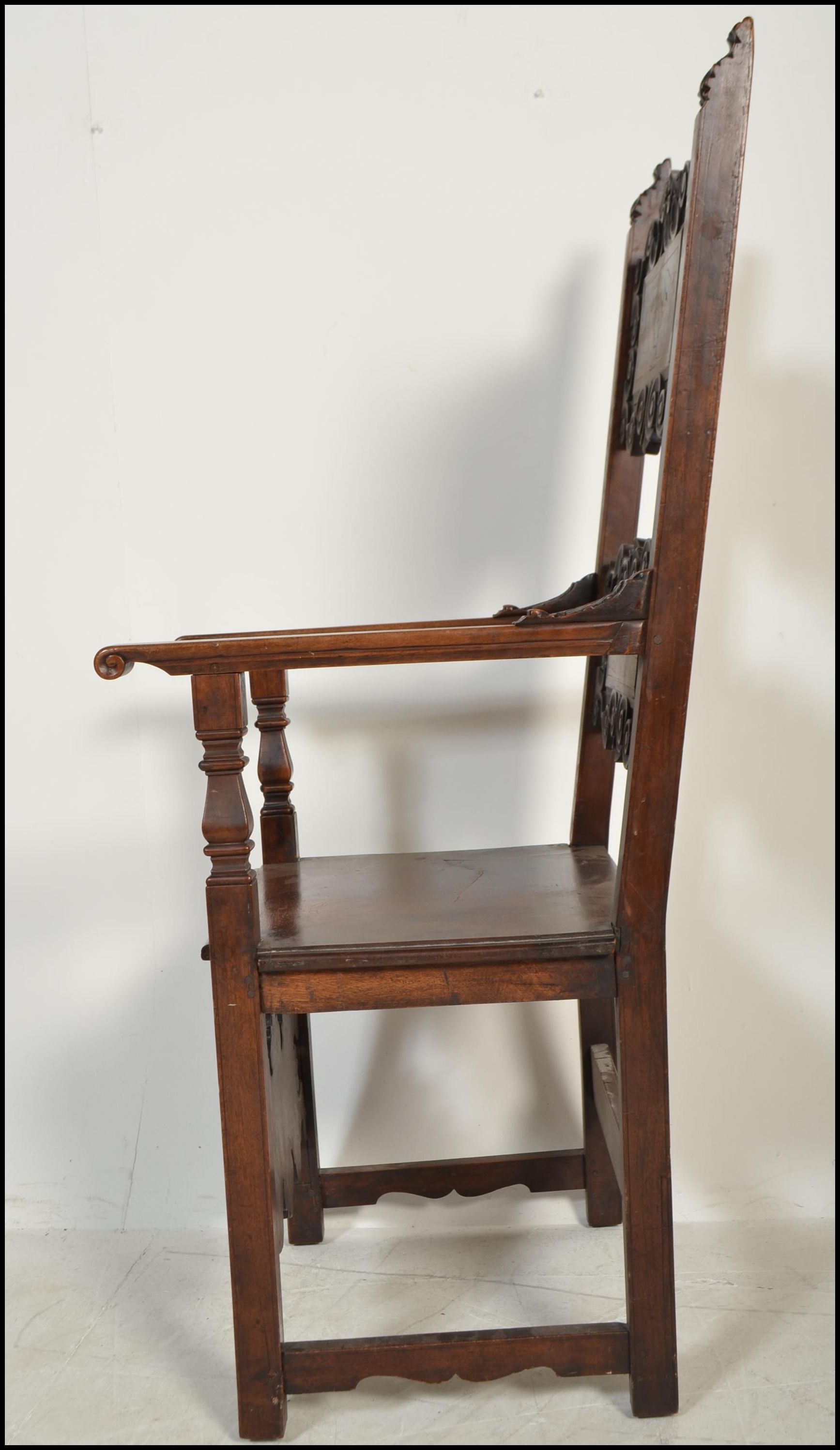 A circa 17th century Italian walnut and marquetry inlaid armchair. The chair being raised on block - Image 7 of 10