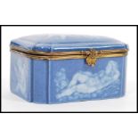 An early 20th Century continental German porcelain blue ceramic casket / trinket box with a pat