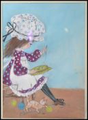 A vintage 20th century watercolour painting of a girl seated and sewing with cat playing with