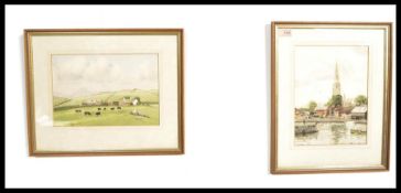 A pair of 20th century watercolour paintings one depicting a farm scene with cows grazing on hills