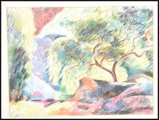 An original 20th Century chalk pastel drawing by Bob Gau of a landscape featuring a sweeping tree
