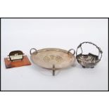 A silver plated Art Nouveau dish by Mappin and Webb together with a desk calendar and tricket bowl /