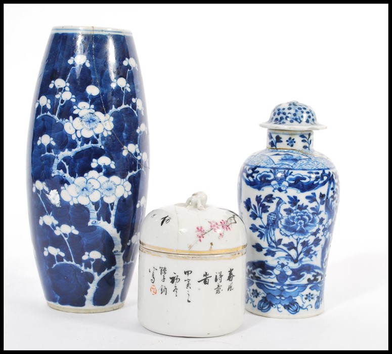 A group of 19th century Chinese ceramics comprising of a tall blue and white prunus pattern vase, - Image 2 of 5