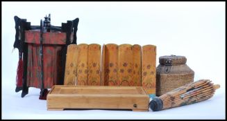 A mixed lot of Chinese items dating from the early 20th century to include wicker tea caddy,