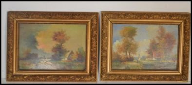 A pair of early 20th Century Dutch oil paintings on board depicting a water landscape with