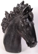 LARGE EBONISED PLASTER CAST BUST OF A HORSE BEING HIGHLY DETAILED