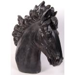 LARGE EBONISED PLASTER CAST BUST OF A HORSE BEING HIGHLY DETAILED