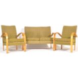 BRITISH 1940'S ART DECO BEECH BENTWOOD SOFA SETTEE AND ARMCHAIRS