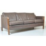 1970'S DANISH CHOCOLATE BROWN LEATHER AND OAK LONDON TYPE SOFA