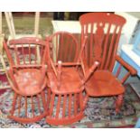 A painted lathe-back farmhouse style armchair and other painted chairs, etc.
