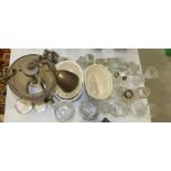 A 19th century glass rummer, various drinking glasses, inkwells, a light fitting, other glassware,