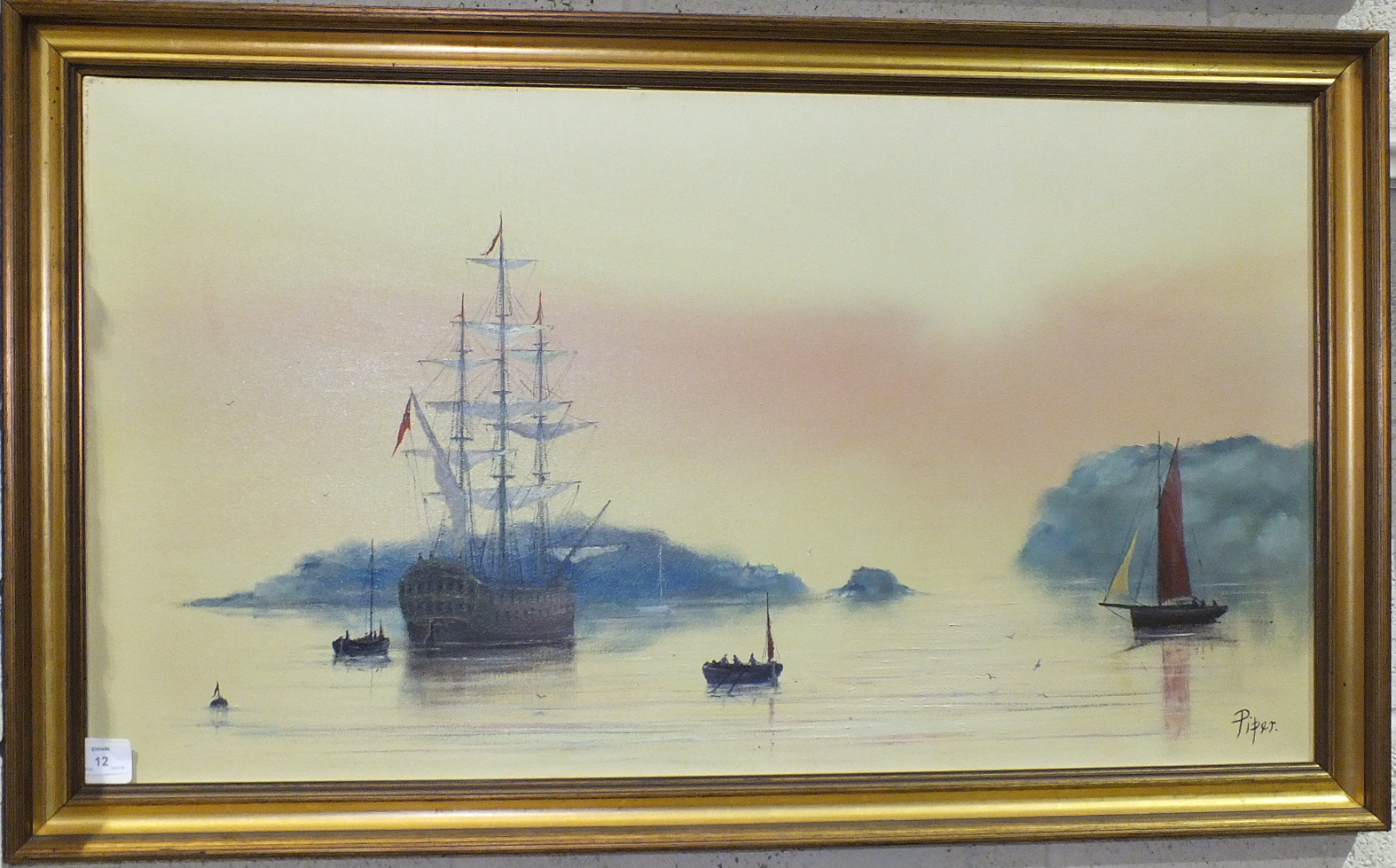 Robert Piper, HMS Culloden off Drake's Island, signed oil on canvas, titled verso, 50 x 91cm,