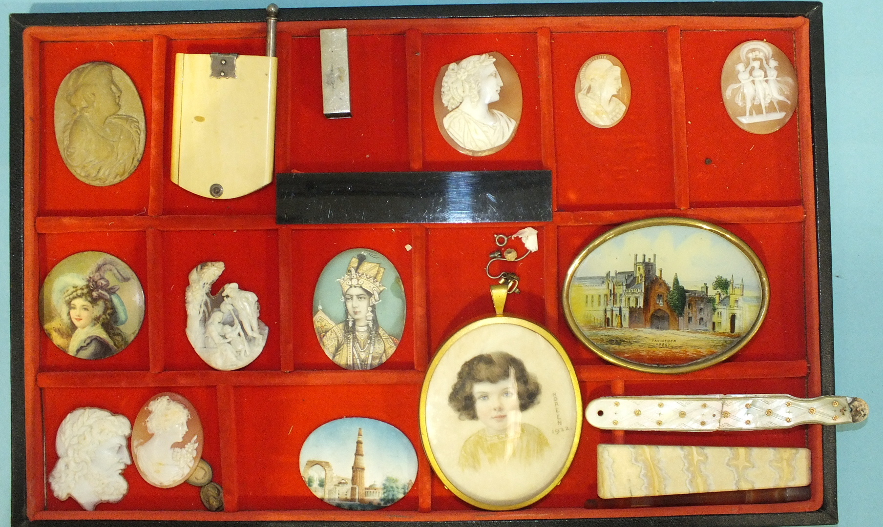 Six shell cameos (some af), a framed miniature of a young girl, dated 1922 and other items.