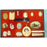 Six shell cameos (some af), a framed miniature of a young girl, dated 1922 and other items.