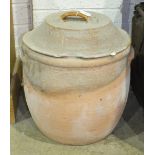 A large earthenware jar and cover, 50cm diameter, 55cm high, (cover af).